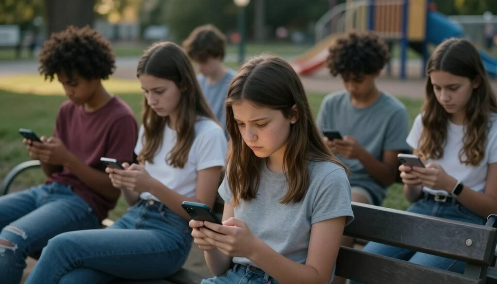 A contemplative adolescent girl sitting on a park bench, scrolling through her smartphone with a worried expression, illustrating the emotional turmoil of social media. Surround her with a group of diverse teenagers engaged in their own devices, appearing isolated despite being together, reflecting the disconnect that can occur in social settings. In the background, we see a blurred playground, symbolizing lost childhood innocence. The lighting is soft and moody, with a golden hour glow casting gentle shadows, creating a reflective atmosphere. The angle is slightly high to emphasize the girl’s expression, highlighting the weight of her concerns. The overall mood conveys anxiety and the challenges adolescents face in navigating social media. A contemplative adolescent girl sitting on a park bench, scrolling through her smartphone with a worried expression, illustrating the emotional turmoil of social media. Surround her with a group of diverse teenagers engaged in their own devices, appearing isolated despite being together, reflecting the disconnect that can occur in social settings. In the background, we see a blurred playground, symbolizing lost childhood innocence. The lighting is soft and moody, with a golden hour glow casting gentle shadows, creating a reflective atmosphere. The angle is slightly high to emphasize the girl’s expression, highlighting the weight of her concerns. The overall mood conveys anxiety and the challenges adolescents face in navigating social media.