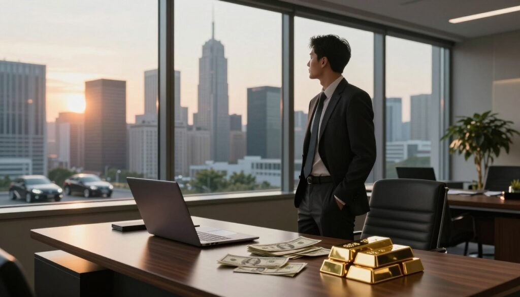 A lavish office setting in the foreground, featuring an elegant wooden desk with a sleek laptop, scattered dollars, and shining gold bars as symbols of material wealth. A confident businessperson in professional attire stands beside the desk, gazing out of a large panoramic window, reflecting aspirations of power. The middle ground shows a city skyline filled with towering skyscrapers, bathed in the warm hues of a setting sun, symbolizing ambition and success. The background includes hints of luxurious cars and lush greenery, signifying the rewards of material pursuits. The lighting is soft yet dramatic, casting long shadows that evoke a sense of introspection and ambition, while the overall mood suggests a complex relationship with wealth and societal expectations.