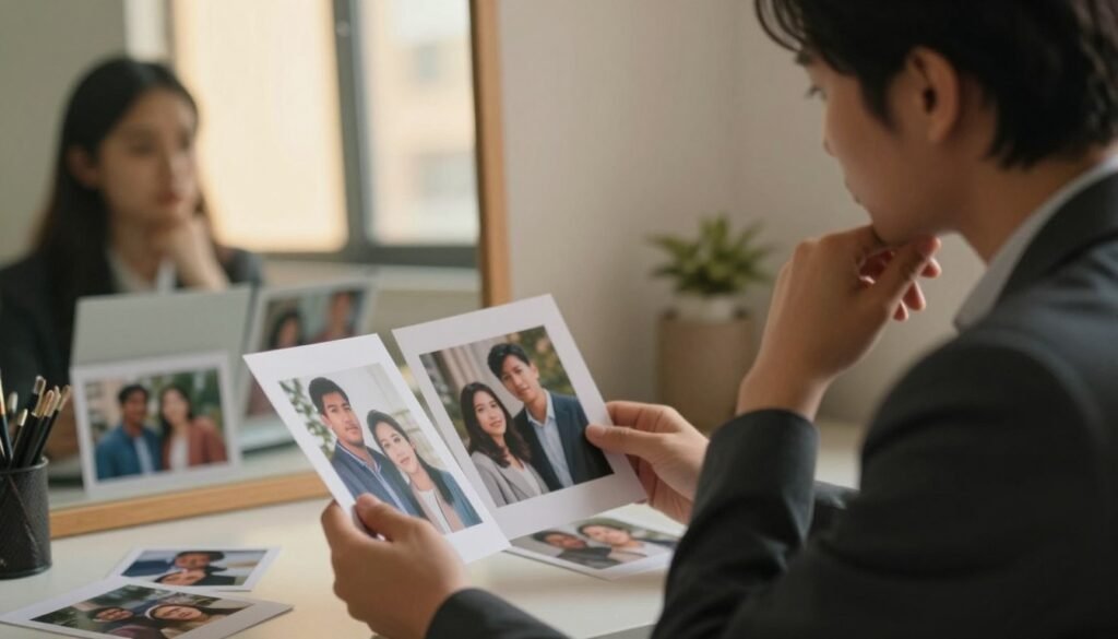 A serene and introspective scene depicting a person sitting at a desk in a softly lit room. In the foreground, the individual, dressed in professional business attire, thoughtfully examines a series of photographs of friends and family displayed around them, symbolizing personal comparison triggers. The middle ground features a mirror reflecting a contemplative expression, highlighting self-comparison habits. In the background, a window lets in warm, golden light, casting gentle shadows that create an atmosphere of introspection. The overall mood is one of reflection and self-discovery, encouraging the viewer to ponder their own comparison triggers. Use a realistic lens with a shallow depth of field to focus on the subject while providing a softly blurred background.