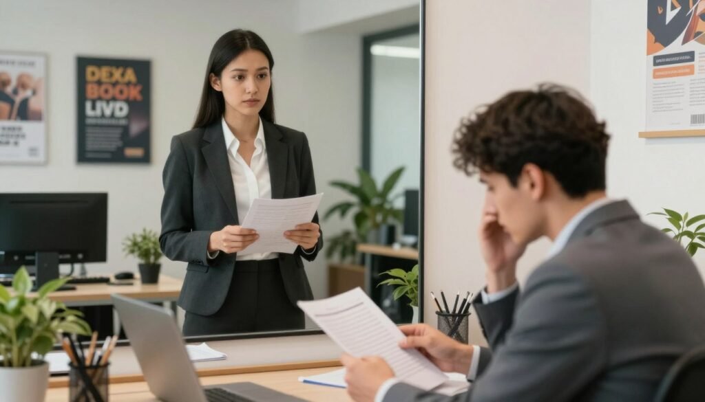 A serene office environment featuring two individuals: one confidently standing in professional attire, looking into a large mirror, reflecting a clearly defined image of themselves, while the other sits at a desk, visibly anxious, comparing notes and achievements with the reflection. The foreground emphasizes their contrasting expressions—self-assuredness versus doubt. In the middle ground, the mirror serves as a metaphorical bridge showing their self-esteem levels. The background features motivational posters and plants, creating an uplifting atmosphere. The lighting is soft and warm, symbolizing positivity, with a slight focus on the figures to add depth. Use a standard lens with a slight bokeh effect to keep the emphasis on the individuals and their emotional states.