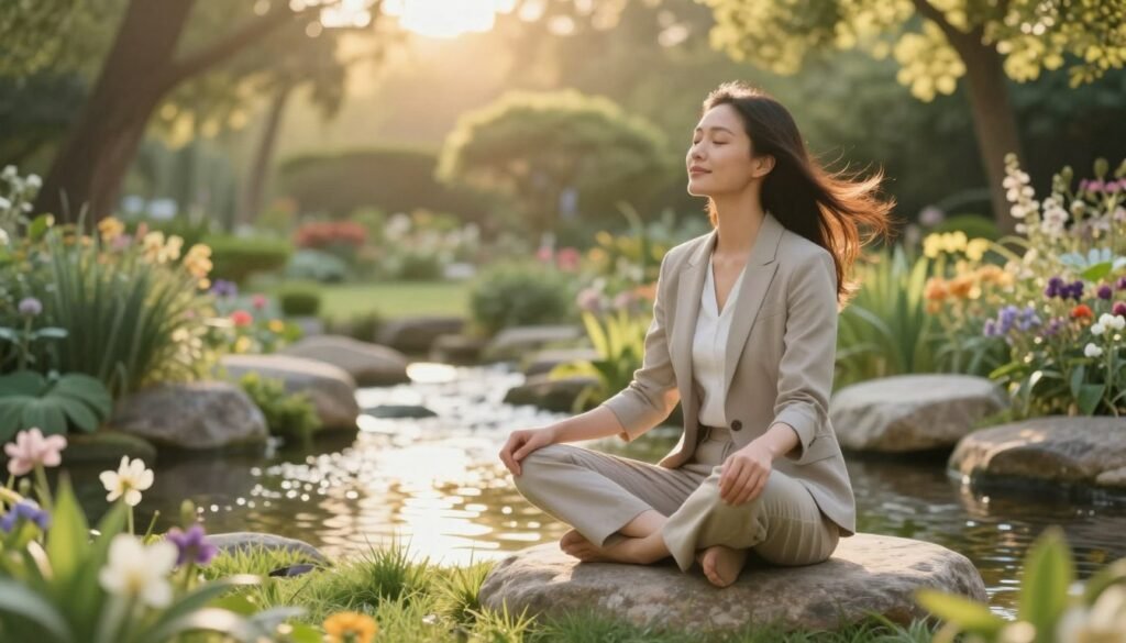 A serene scene depicting a professional woman sitting cross-legged on a smooth stone in a lush, tranquil garden. She is dressed in modest, casual attire, embodying a calm and reflective state. The foreground features delicate flowers and green grass, contributing to a soothing atmosphere. In the middle ground, a gently flowing stream reflects the sunlight, symbolizing the act of letting go. The background consists of soft, blurred trees bathed in warm, golden light, creating a feeling of peace and harmony. The image should capture a slight breeze, causing the woman's hair to sway lightly, enhancing the sense of release and inner tranquility. The overall mood is serene and uplifting, inviting viewers to embrace the theme of inner peace.