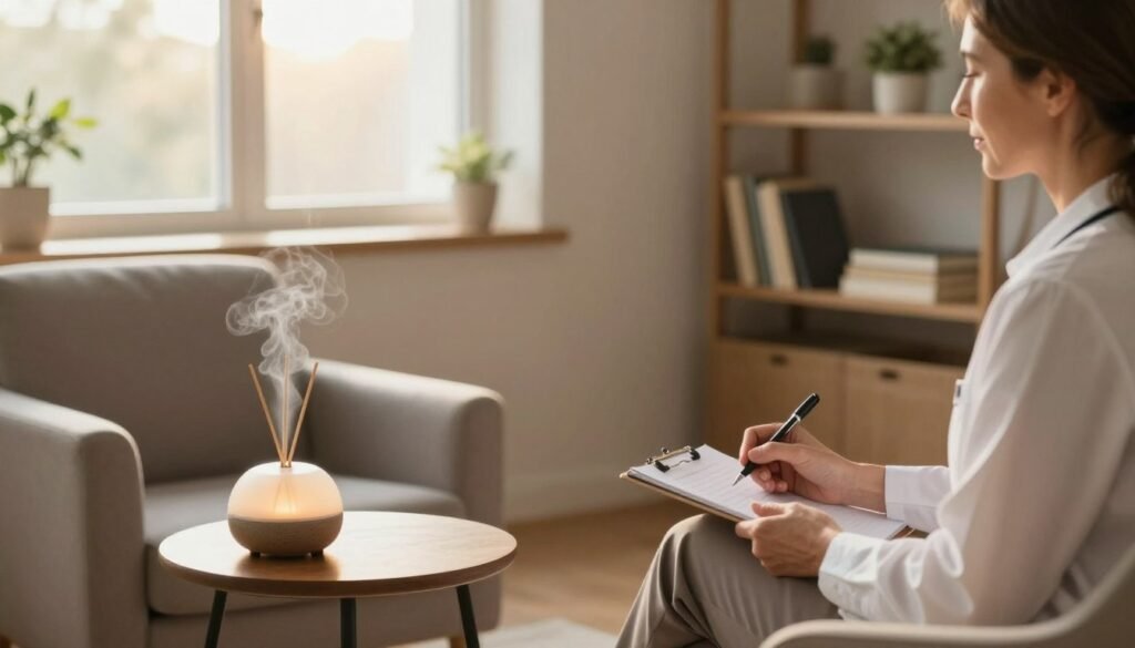 A serene therapy room designed for healing, featuring a comfortable armchair and a small round table with a soothing essential oil diffuser, emitting soft mist. In the foreground, a therapist, a middle-aged woman in professional attire, sits calmly with an empathetic expression, holding a notepad and a pen. In the middle ground, a warm, inviting window allows gentle sunlight to filter in, illuminating the space. Shelves in the background display various therapeutic books and decorative plants, enhancing a sense of tranquility. The color palette is soft and earthy, evoking feelings of warmth and safety. The atmosphere is peaceful and reflective, perfect for contemplation and support.