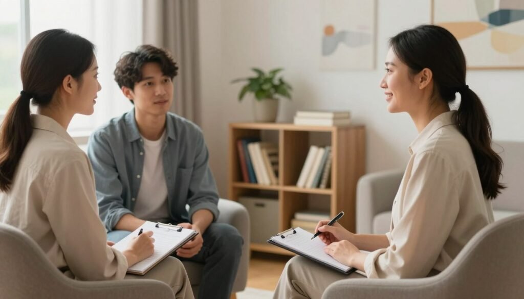A serene therapy session taking place in a cozy, softly lit room. In the foreground, a female therapist in professional attire, with a welcoming smile, is seated on a comfortable armchair, holding a notepad and pen. Opposite her, a client, a young man in modest casual clothing, looks thoughtfully engaged as he shares his thoughts. The middle ground features calming elements like a small bookshelf filled with self-help books, a potted plant, and a soothing abstract painting on the wall. In the background, a window allows gentle natural light to fill the room, enhancing the warm, inviting atmosphere. The overall mood conveys support, understanding, and a safe space for healing, evoking a sense of hope and clarity. A serene therapy session taking place in a cozy, softly lit room. In the foreground, a female therapist in professional attire, with a welcoming smile, is seated on a comfortable armchair, holding a notepad and pen. Opposite her, a client, a young man in modest casual clothing, looks thoughtfully engaged as he shares his thoughts. The middle ground features calming elements like a small bookshelf filled with self-help books, a potted plant, and a soothing abstract painting on the wall. In the background, a window allows gentle natural light to fill the room, enhancing the warm, inviting atmosphere. The overall mood conveys support, understanding, and a safe space for healing, evoking a sense of hope and clarity.