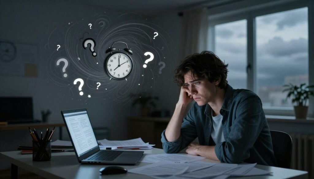 A visually compelling representation of the correlation between overthinking and anxiety. In the foreground, a person sits at a cluttered desk, looking contemplative while surrounded by scattered papers and a laptop displaying chaotic thoughts. Their expression is a mixture of concern and deep thought. In the middle ground, swirling abstract shapes represent anxious thoughts and negative spirals, intertwining with question marks and clocks, emphasizing the pressure of time. The background features a softly lit room with dim lighting, casting shadows that evoke a sense of isolation. A window reveals a cloudy sky, suggesting an overwhelming atmosphere. The overall mood is intense yet introspective, highlighting the mental struggle between clarity and chaos. The image should be captured from a slightly tilted angle to enhance the feeling of disorientation while maintaining a professional and safe depiction. A visually compelling representation of the correlation between overthinking and anxiety. In the foreground, a person sits at a cluttered desk, looking contemplative while surrounded by scattered papers and a laptop displaying chaotic thoughts. Their expression is a mixture of concern and deep thought. In the middle ground, swirling abstract shapes represent anxious thoughts and negative spirals, intertwining with question marks and clocks, emphasizing the pressure of time. The background features a softly lit room with dim lighting, casting shadows that evoke a sense of isolation. A window reveals a cloudy sky, suggesting an overwhelming atmosphere. The overall mood is intense yet introspective, highlighting the mental struggle between clarity and chaos. The image should be captured from a slightly tilted angle to enhance the feeling of disorientation while maintaining a professional and safe depiction.