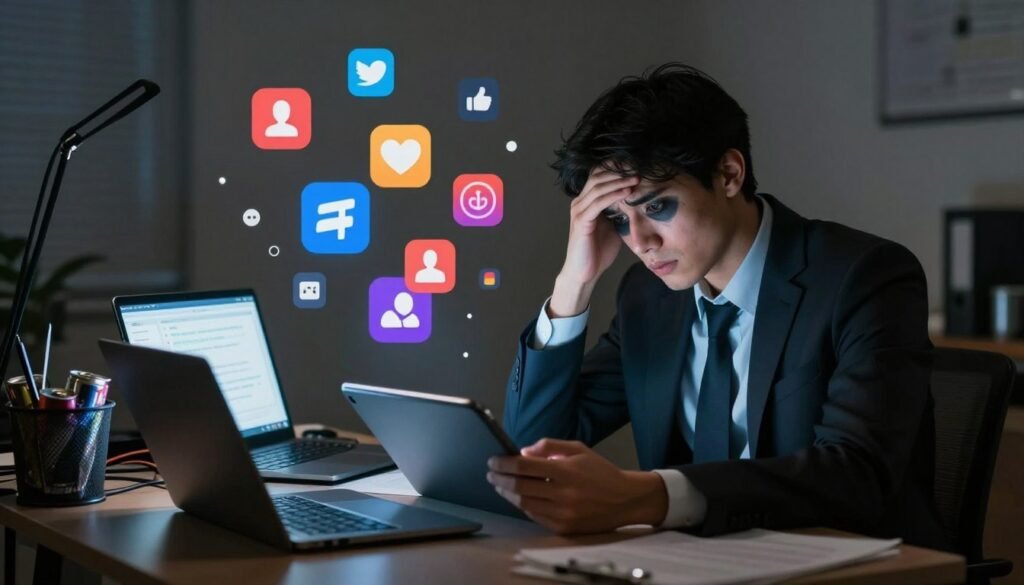 A visually striking illustration depicting signs of unhealthy social media use. In the foreground, a young professional in business attire sits at a cluttered desk, surrounded by digital devices: a smartphone, tablet, and laptop, each displaying overwhelming notifications and alerts. The individual, looking stressed and disengaged, has shadows under their eyes, symbolizing fatigue. In the middle ground, a series of social media icons hover ominously, representing the pressure of constant connectivity. The background features a dimly lit room with tangled charging cables and an overflowing trash can filled with discarded energy drink cans, enhancing the atmosphere of chaos. Soft, moody lighting casts a sense of urgency and unease, while a shallow depth of field focuses on the overwhelmed individual. The overall mood conveys the heavy emotional toll of excessive social media engagement. A visually striking illustration depicting signs of unhealthy social media use. In the foreground, a young professional in business attire sits at a cluttered desk, surrounded by digital devices: a smartphone, tablet, and laptop, each displaying overwhelming notifications and alerts. The individual, looking stressed and disengaged, has shadows under their eyes, symbolizing fatigue. In the middle ground, a series of social media icons hover ominously, representing the pressure of constant connectivity. The background features a dimly lit room with tangled charging cables and an overflowing trash can filled with discarded energy drink cans, enhancing the atmosphere of chaos. Soft, moody lighting casts a sense of urgency and unease, while a shallow depth of field focuses on the overwhelmed individual. The overall mood conveys the heavy emotional toll of excessive social media engagement.