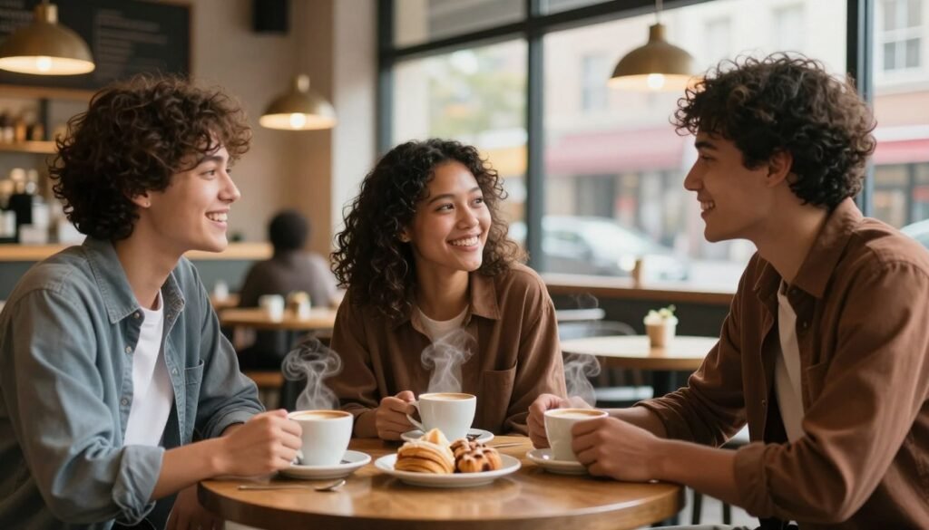 A warm and inviting scene depicting a diverse group of three friends sitting in a cozy coffee shop, each engaged in lively conversation and smiling at each other, showcasing genuine connections. In the foreground, a round wooden table features steaming cups of coffee and a shared plate of pastries. In the middle, the friends display a mix of ethnic backgrounds and genders, dressed in smart casual clothing, enhancing the atmosphere of accessibility and warmth. The soft, ambient lighting from hanging pendant lamps creates a welcoming glow, while large windows in the background reveal a sunny day outside, hinting at a vibrant city life. The overall mood conveys joy, collaboration, and the importance of building meaningful relationships.