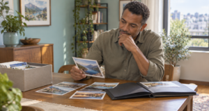 Adult sorts a small selection of photographs beside an unfinished album on a dining table.