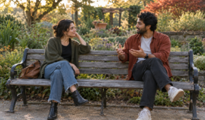 Two adults exchange attentive smiles during a conversation in a community garden.
