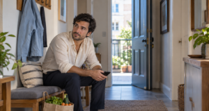 Man pauses with his phone beside a bag of groceries in an apartment entrance.