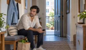 Man pauses with his phone beside a bag of groceries in an apartment entrance.