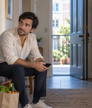 saying-no-phone-pause.jpg Man pauses with his phone beside a bag of groceries in an apartment entrance.