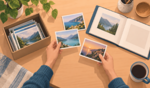 Hands select a few landscape photographs beside a compact blank album.