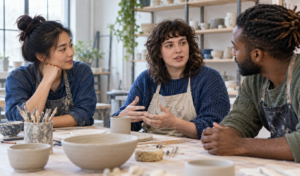 An adult makes space for another person to speak during a group activity.