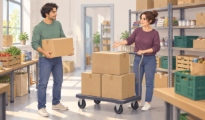 Two volunteers discuss an extra box beside an already full trolley.