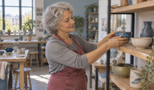 Woman places a finished handmade bowl on a shelf in a community ceramics studio.