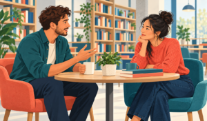 Editorial illustration of two people exchanging ideas in a balanced