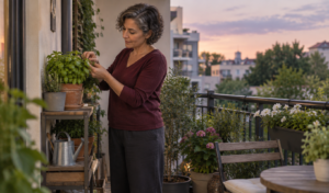 Woman tends plants on a small balcony in the early evening.