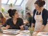 Adult participant asks a question during a small community art class.