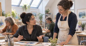Adult participant asks a question during a small community art class.