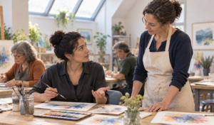 Adult participant asks a question during a small community art class.