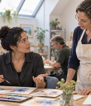 asking-question-community-class.jpg Adult participant asks a question during a small community art class.