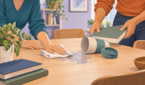 A person wipes spilled water from a shared table while another lifts a book clear.