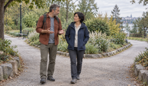 Two adults pause at a park path junction to discuss which route to take.