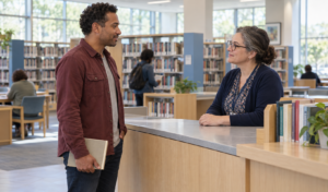 Man speaks with a librarian at a public library service counter.