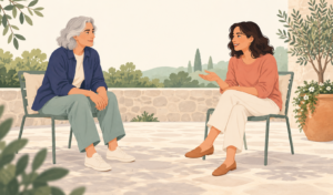 Two adults sit facing each other in a courtyard, with one listening as the other responds.
