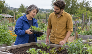 Two adults discuss a seedling tray beside a raised community garden bed.
